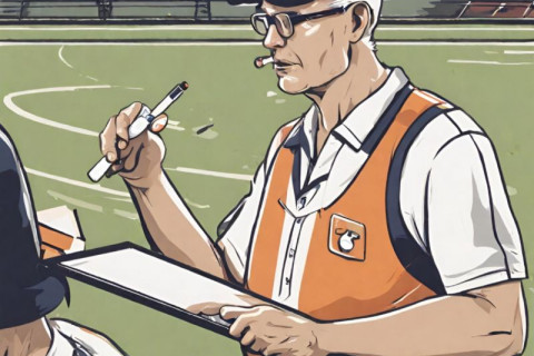 Drawing of a coach with clipboard and whistle