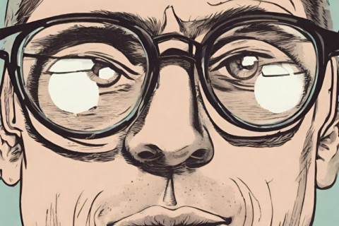 Close up of a mans face with thick glasses