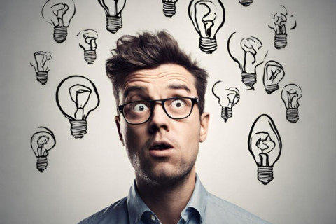 Picture of a man with a confused look on his face surrounded by light bulbs.