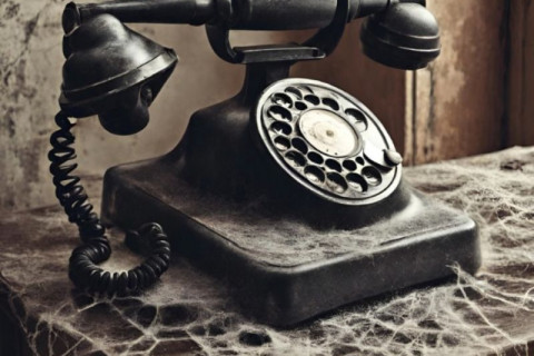 old black rotary phone with cobwebs and dust
